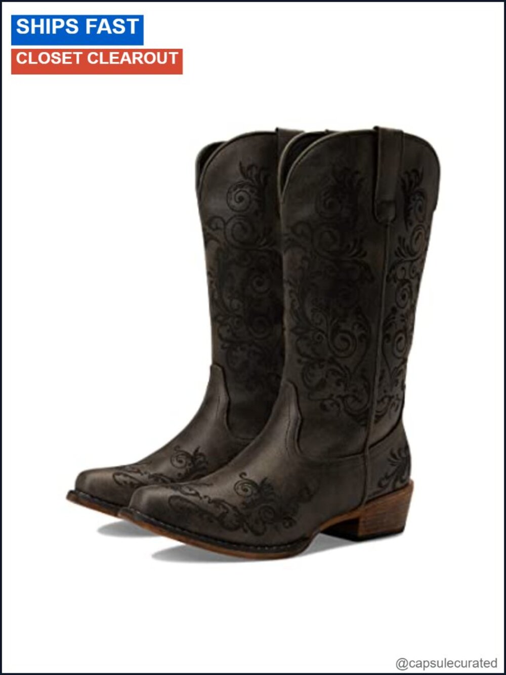 Women's Snip Toe Western Boots Embroidery Pull-On Faux Leather Tall